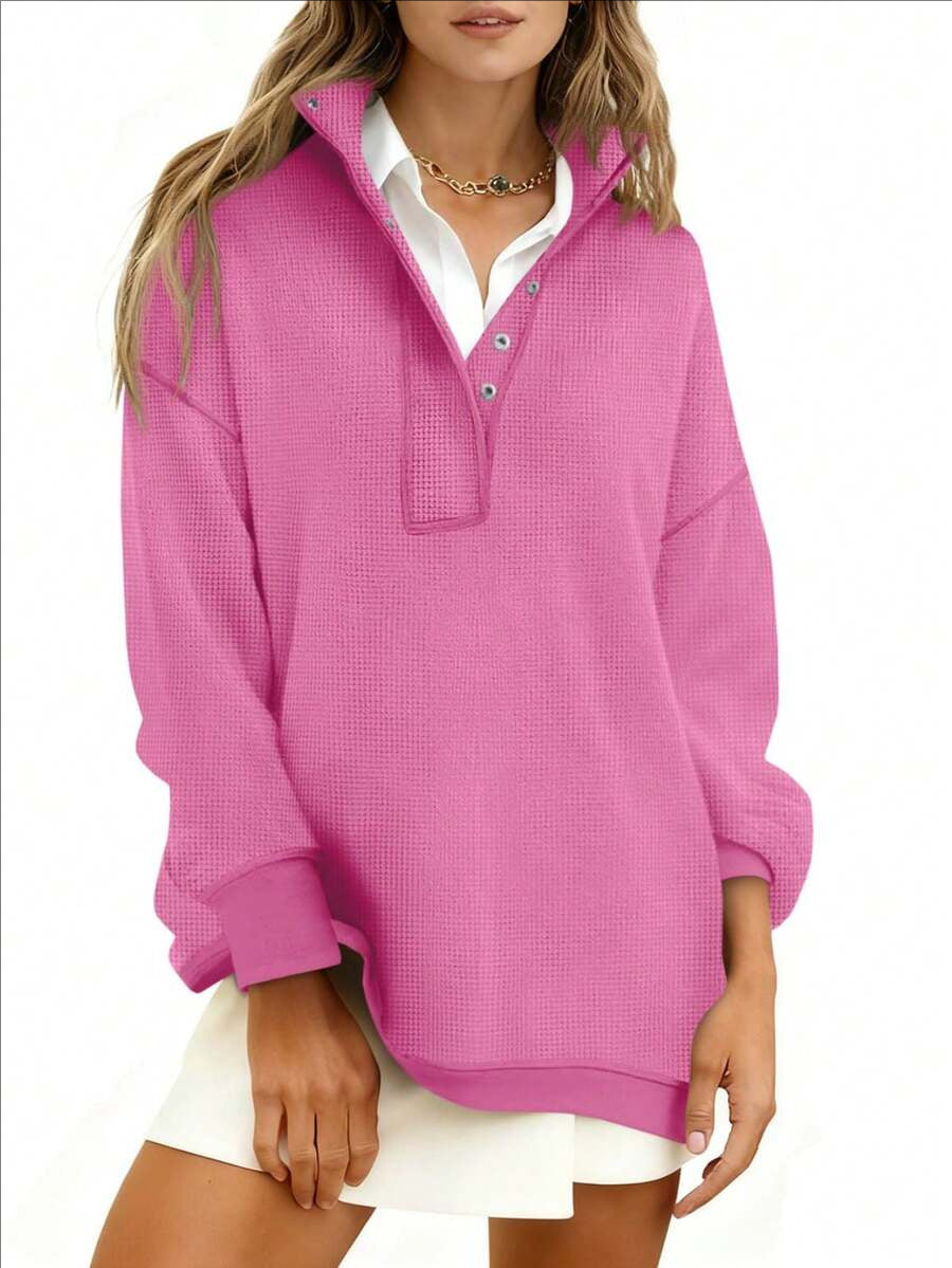 Quarter Button Stand Collar Oversized Sweatshirt - Rose