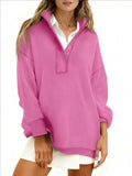 Quarter Button Stand Collar Oversized Sweatshirt - Rose