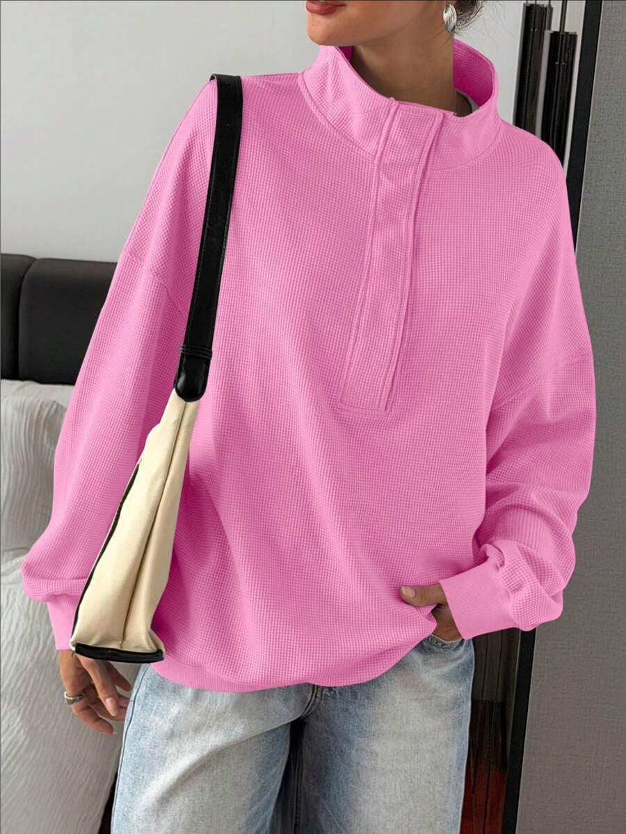 Quarter Button Stand Collar Oversized Sweatshirt - Rose - 1