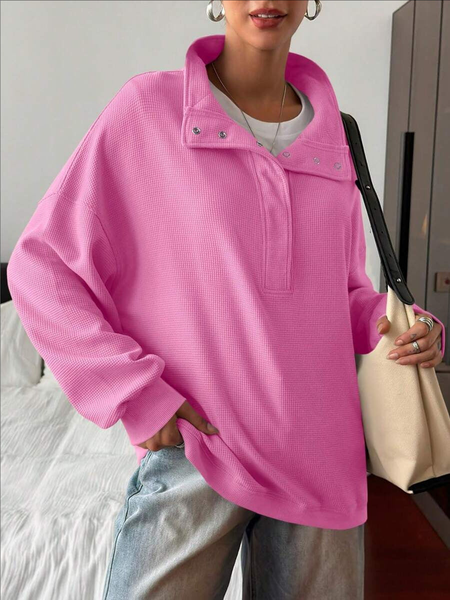 Quarter Button Stand Collar Oversized Sweatshirt - Rose - 2