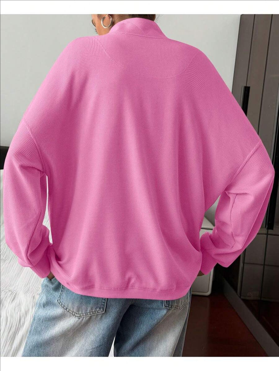 Quarter Button Stand Collar Oversized Sweatshirt - Rose - 3