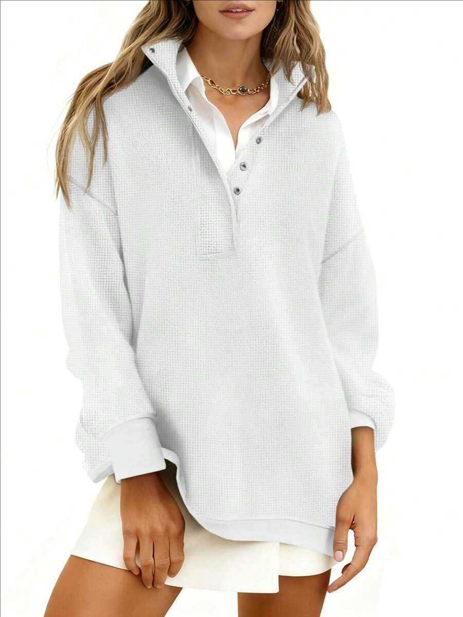 Quarter Button Stand Collar Oversized Sweatshirt - White