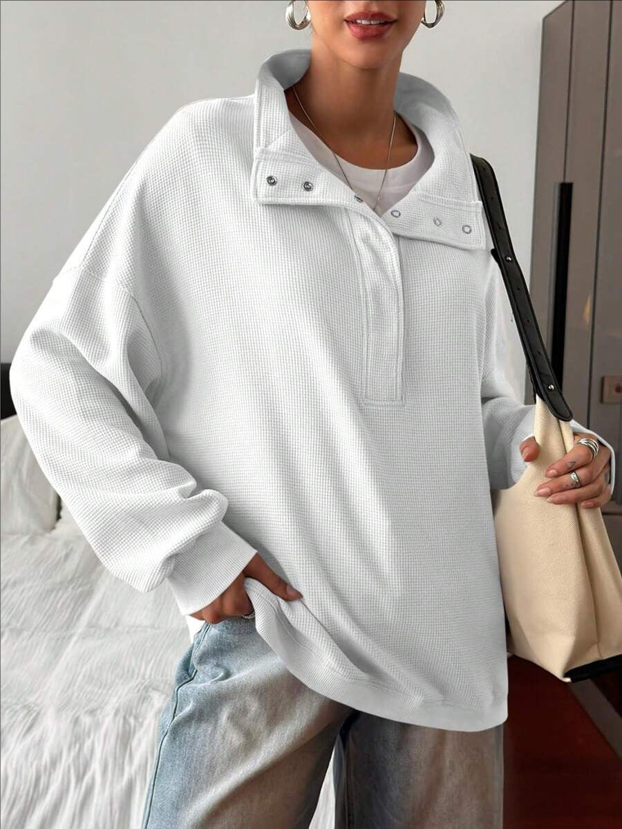 Quarter Button Stand Collar Oversized Sweatshirt - White - 1