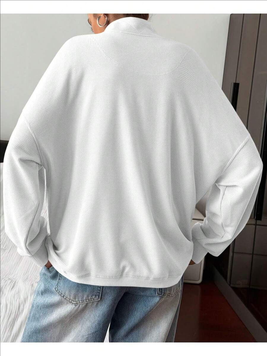 Quarter Button Stand Collar Oversized Sweatshirt - White - 2