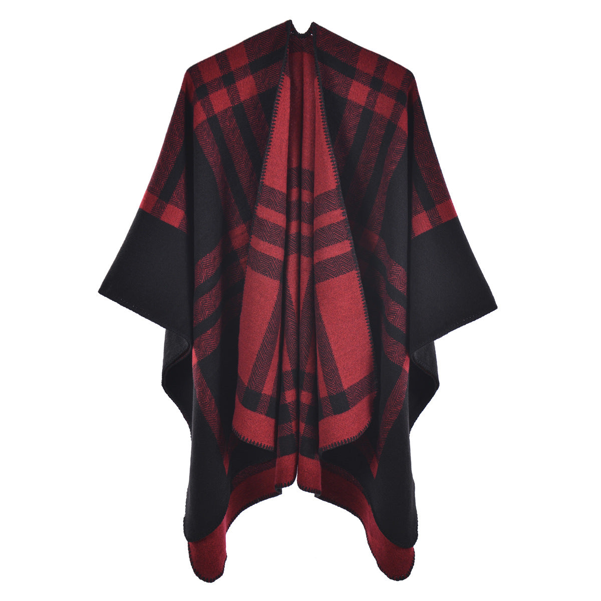 Reversible Plaid Ruana Blanket Wrap - red