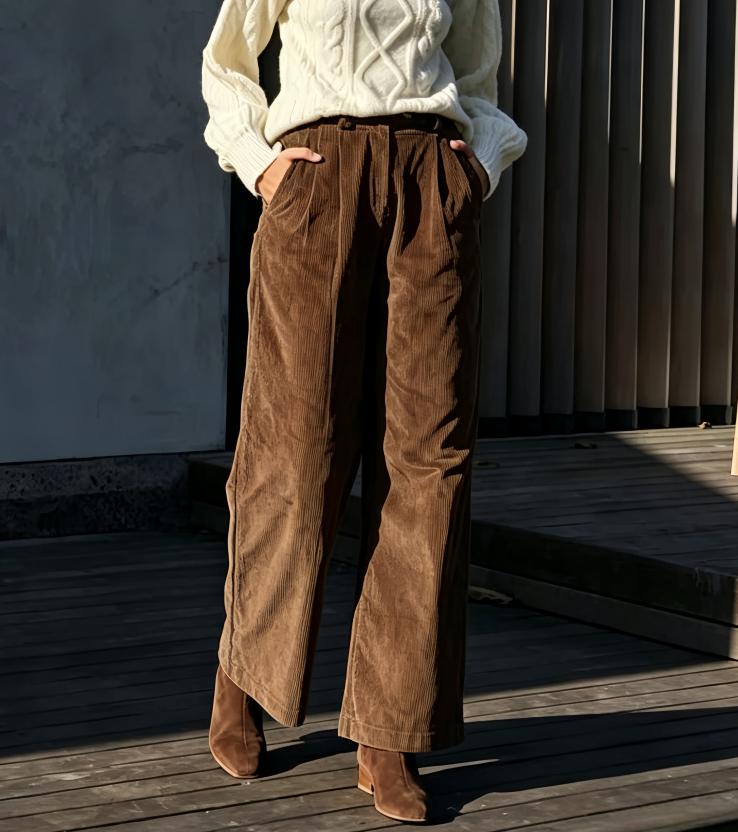 Corduroy Pleated Pull-On Wide Leg Trousers - Brown