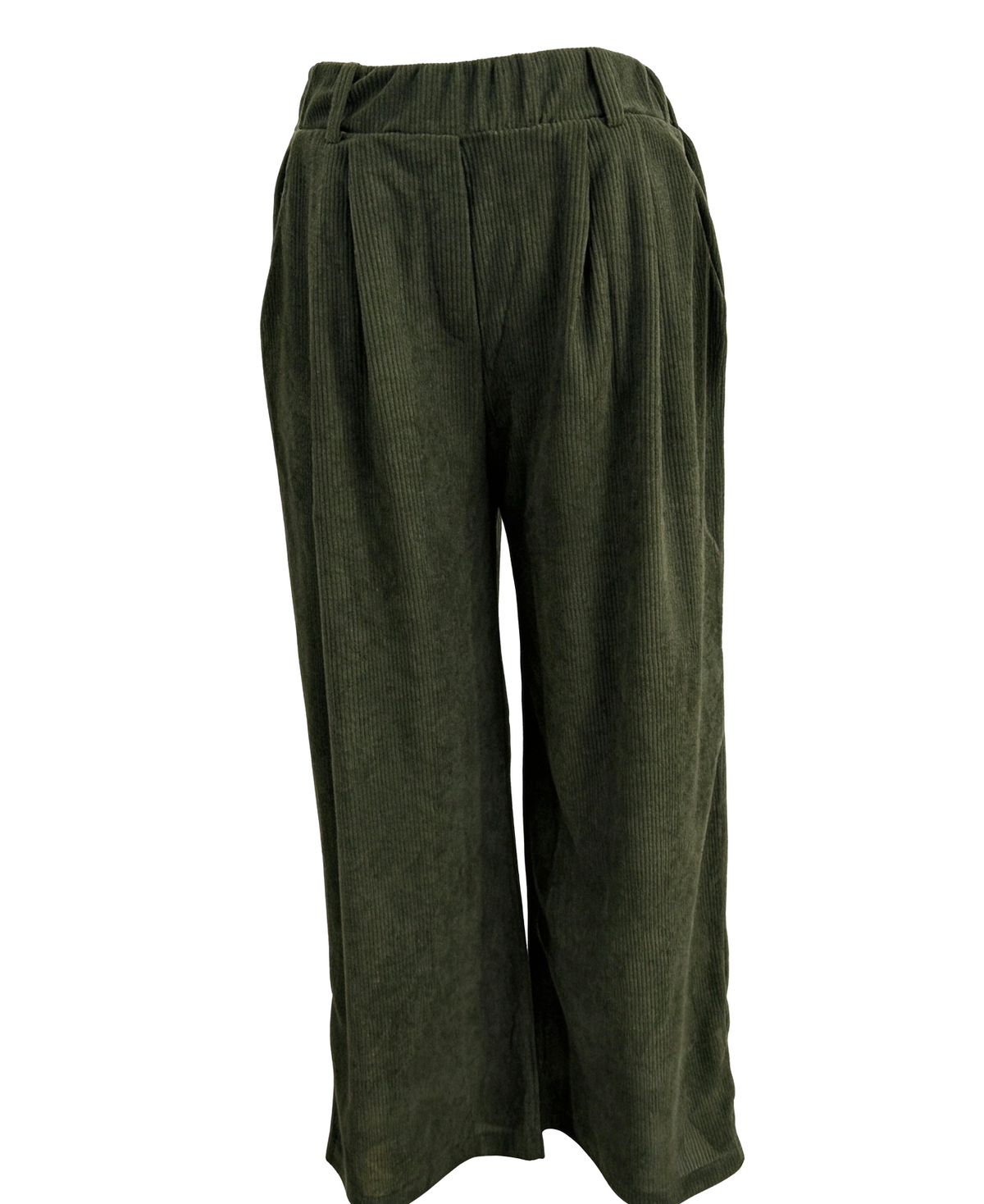 Corduroy Pleated Pull-On Wide Leg Trousers - Green