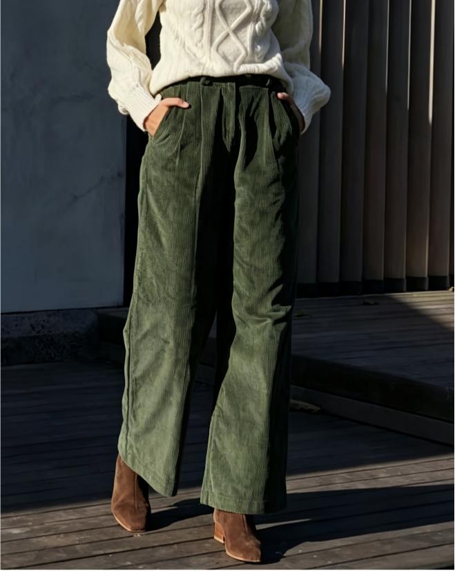 Corduroy Pleated Pull-On Wide Leg Trousers - Green - 1
