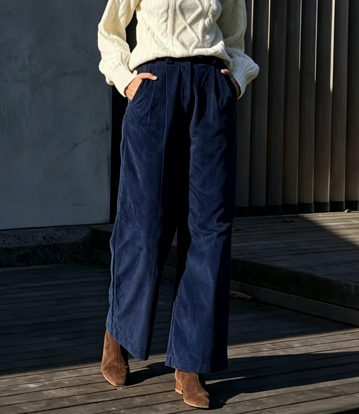 Corduroy Pleated Pull-On Wide Leg Trousers - Navy