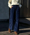 Corduroy Pleated Pull-On Wide Leg Trousers - Navy