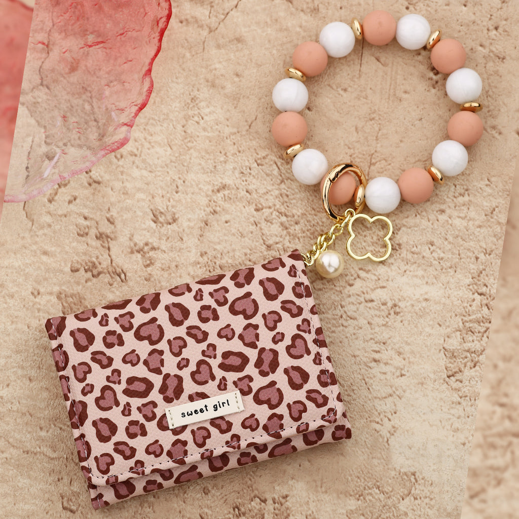 Heart Leopard Mini Wallet with Beaded Wristlet Keyring - DarkPink