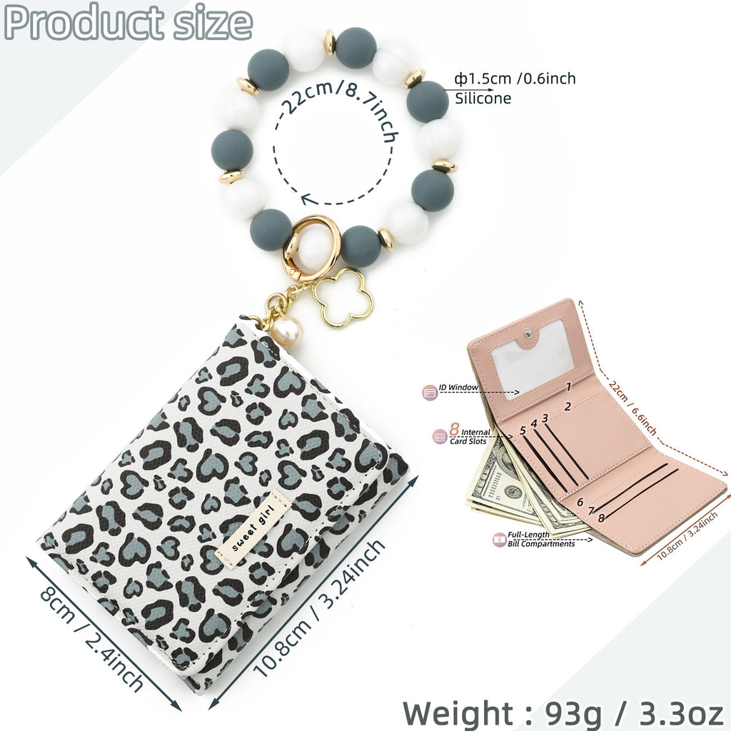 Heart Leopard Mini Wallet with Beaded Wristlet Keyring - Grey