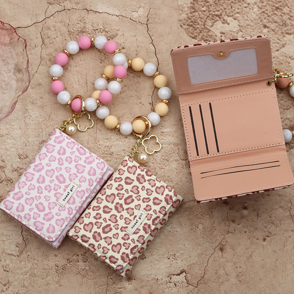 Heart Leopard Mini Wallet with Beaded Wristlet Keyring - Grey - 1