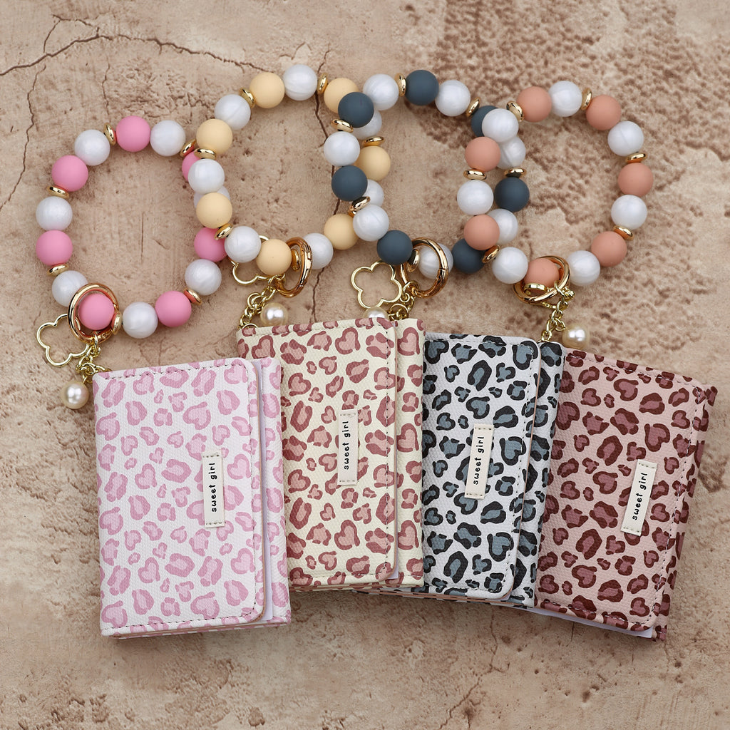 Heart Leopard Mini Wallet with Beaded Wristlet Keyring - Grey - 2