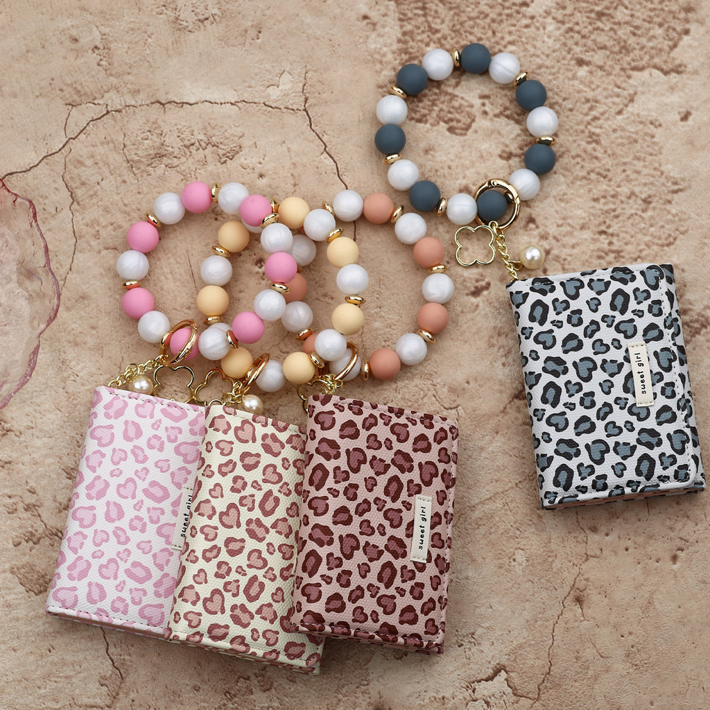 Heart Leopard Mini Wallet with Beaded Wristlet Keyring - Grey - 3