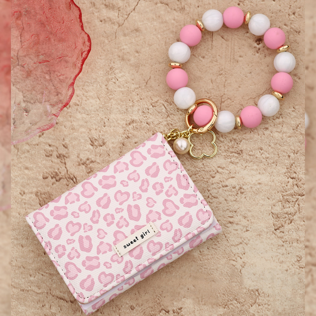 Heart Leopard Mini Wallet with Beaded Wristlet Keyring - Pink