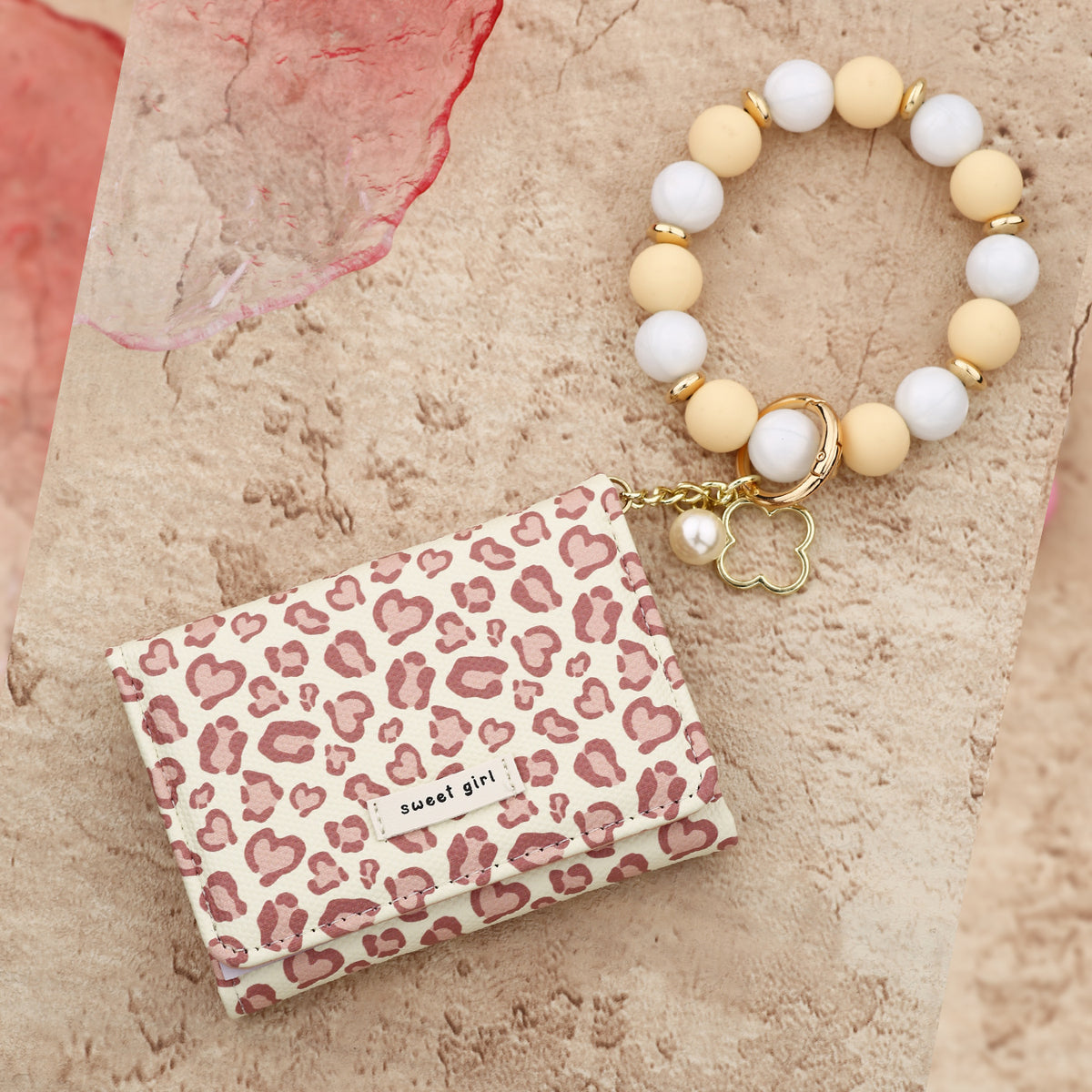 Heart Leopard Mini Wallet with Beaded Wristlet Keyring - Yellow