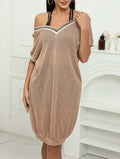 Varsity Trim V Neck Knit Dress - Khaki