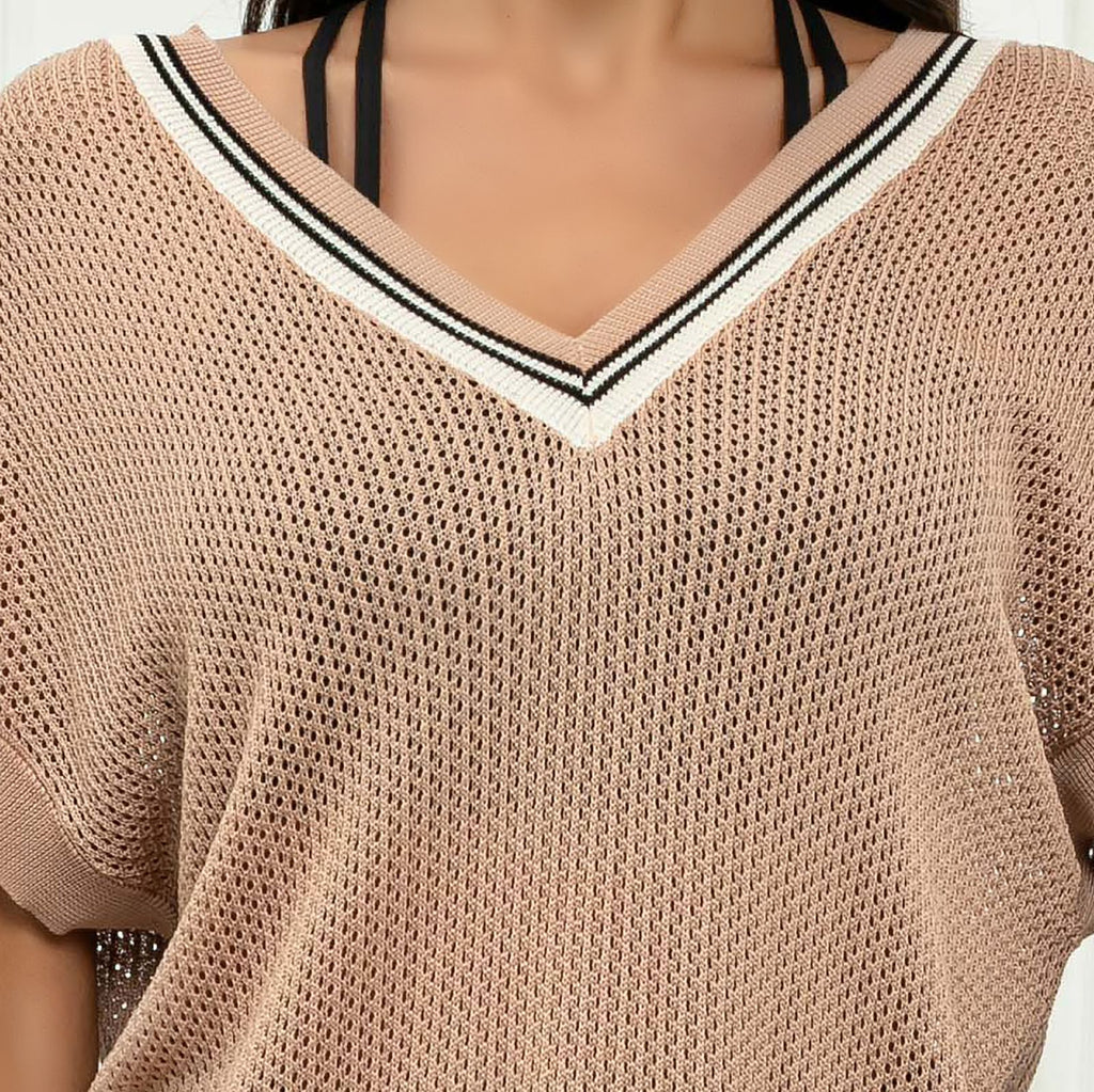 Varsity Trim V Neck Knit Dress - Khaki - 2