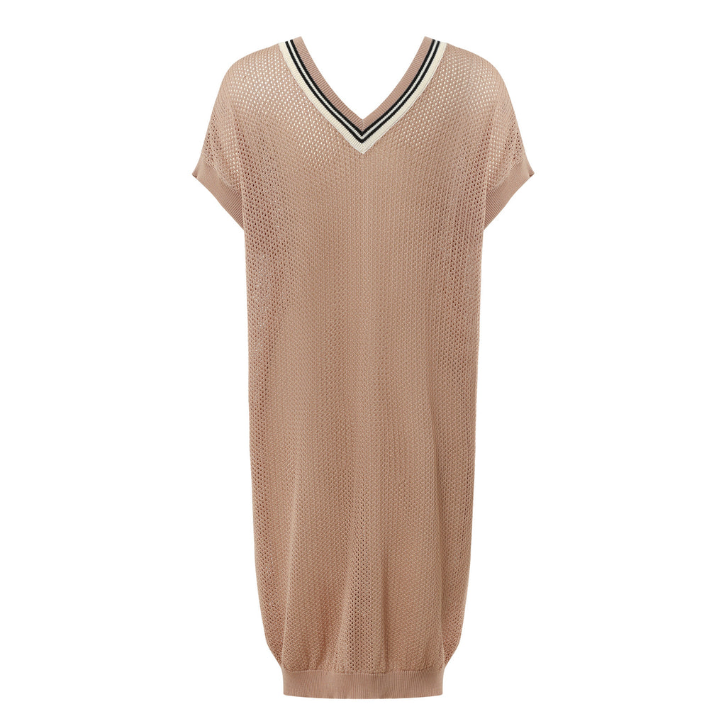 Varsity Trim V Neck Knit Dress - Khaki - 3