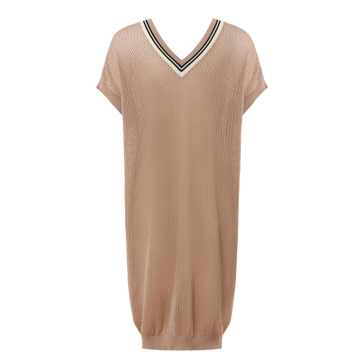 Varsity Trim V Neck Knit Dress - Khaki - 3