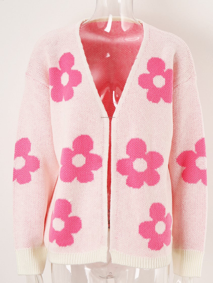 Bloom Jacquard Longline Knit Cardigan - Pink - 2