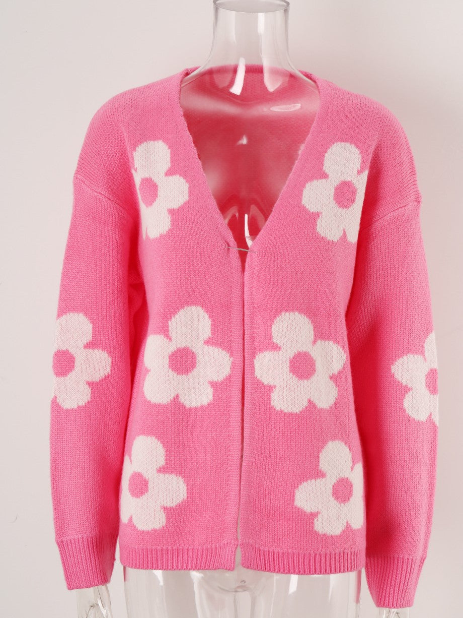 Bloom Jacquard Longline Knit Cardigan - Rosered - 3