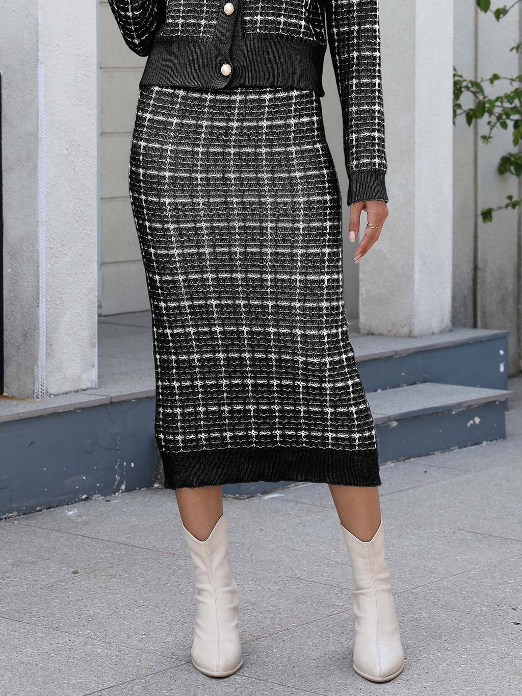 Windowpane Check Knit High Waist Midi Skirt - Black