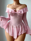 Sheer Mesh Ruffle Bell Sleeve Babydoll And Thong Set - Pink
