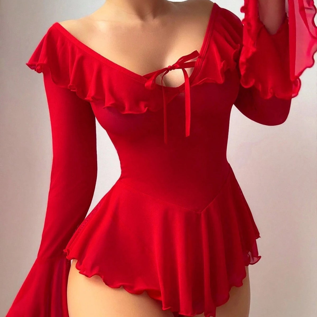 Sheer Mesh Ruffle Bell Sleeve Babydoll And Thong Set