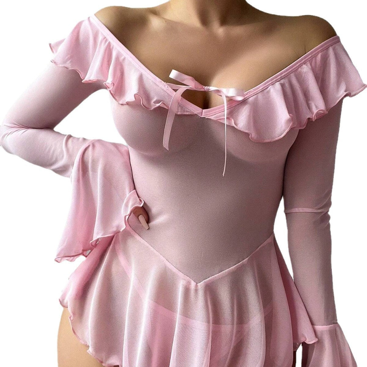 Sheer Mesh Ruffle Bell Sleeve Babydoll And Thong Set
