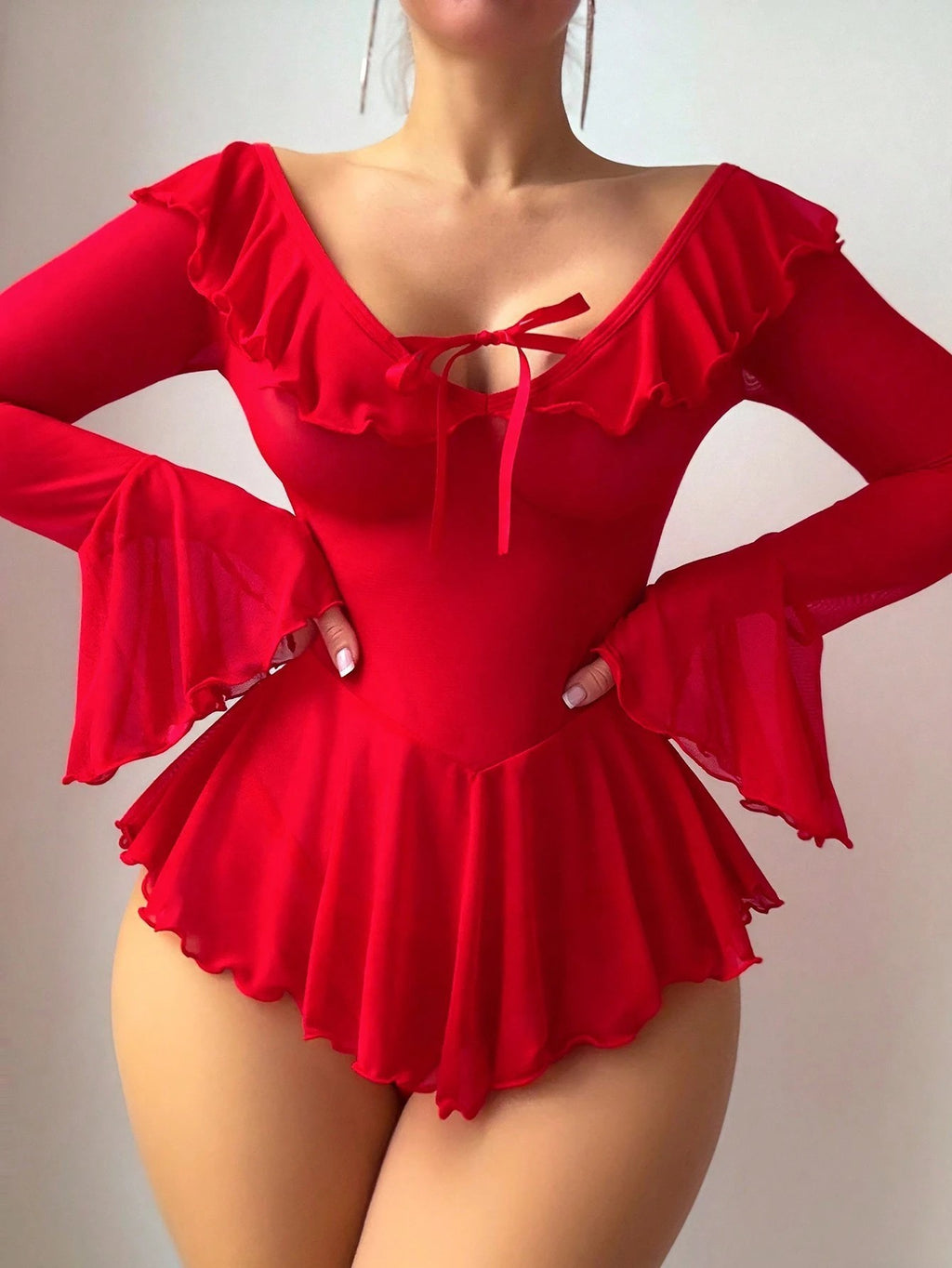 Sheer Mesh Ruffle Bell Sleeve Babydoll And Thong Set