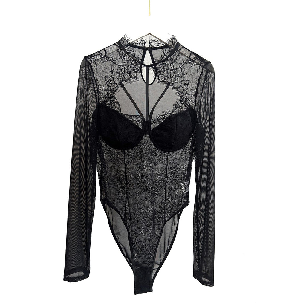 Black Lace Mesh Strappy Underwire Long Sleeve Bodysuit - Black
