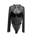 Black Lace Mesh Strappy Underwire Long Sleeve Bodysuit - Black