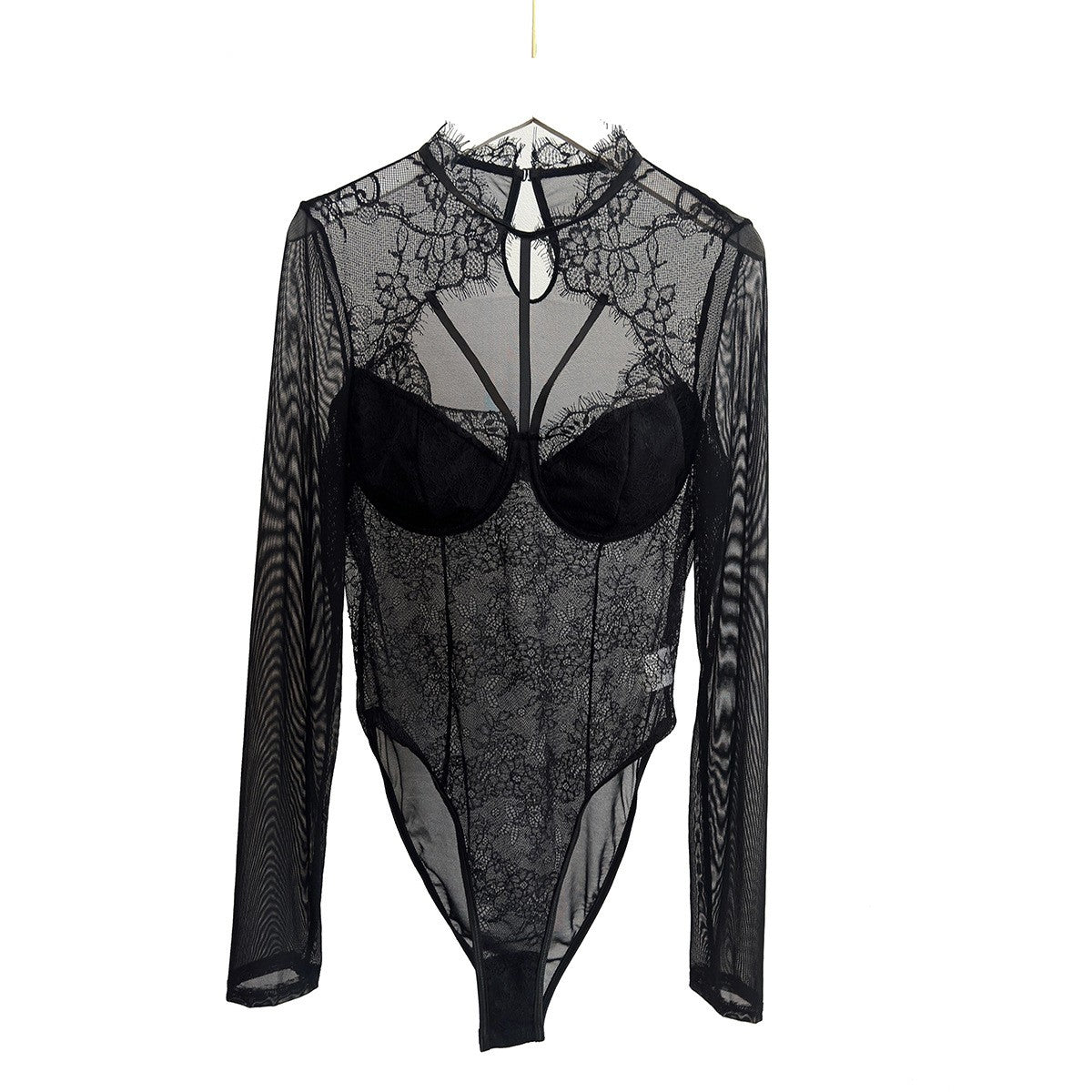 Black Lace Mesh Strappy Underwire Long Sleeve Bodysuit - Black