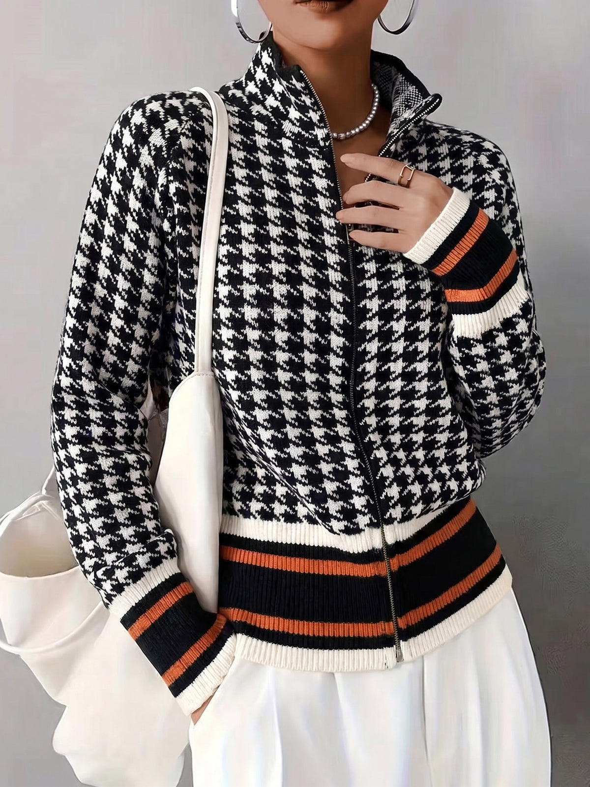 Cropped Houndstooth Bomber Style Knit Cardigan - Black
