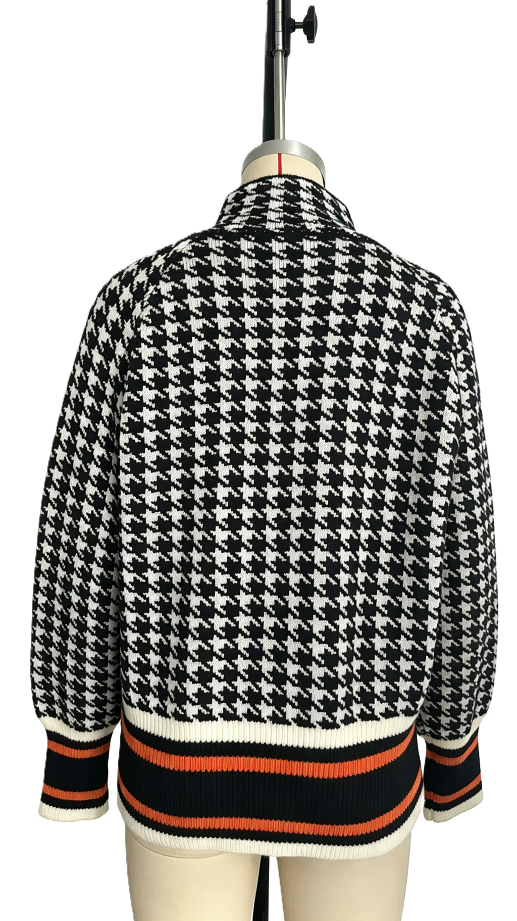 Cropped Houndstooth Bomber Style Knit Cardigan - Black - 1