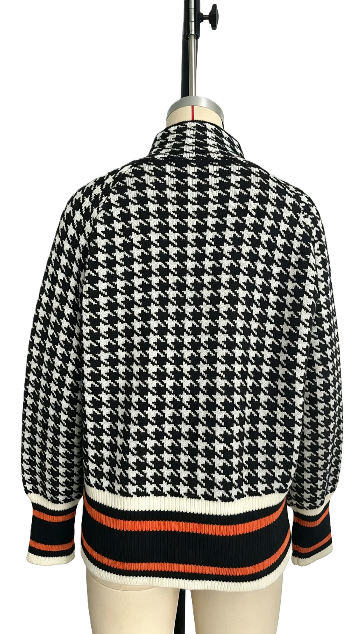 Cropped Houndstooth Bomber Style Knit Cardigan - Black - 1