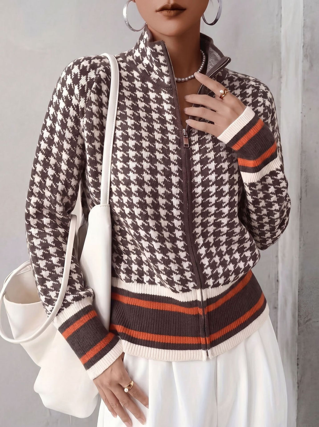 Cropped Houndstooth Bomber Style Knit Cardigan - Coffee