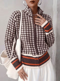 Cropped Houndstooth Bomber Style Knit Cardigan - Coffee