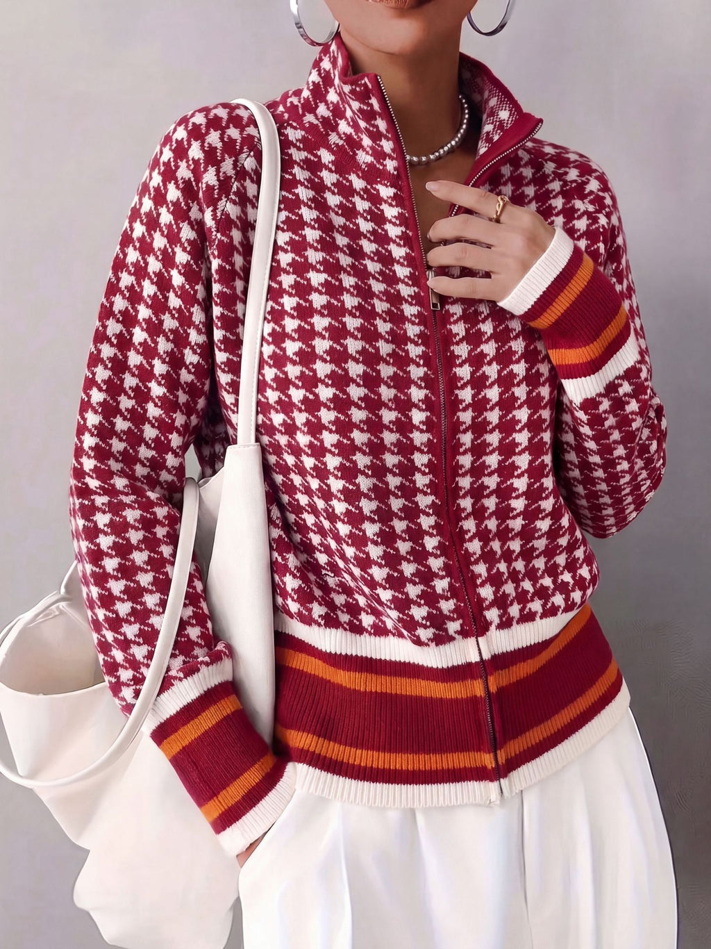 Cropped Houndstooth Bomber Style Knit Cardigan - Red