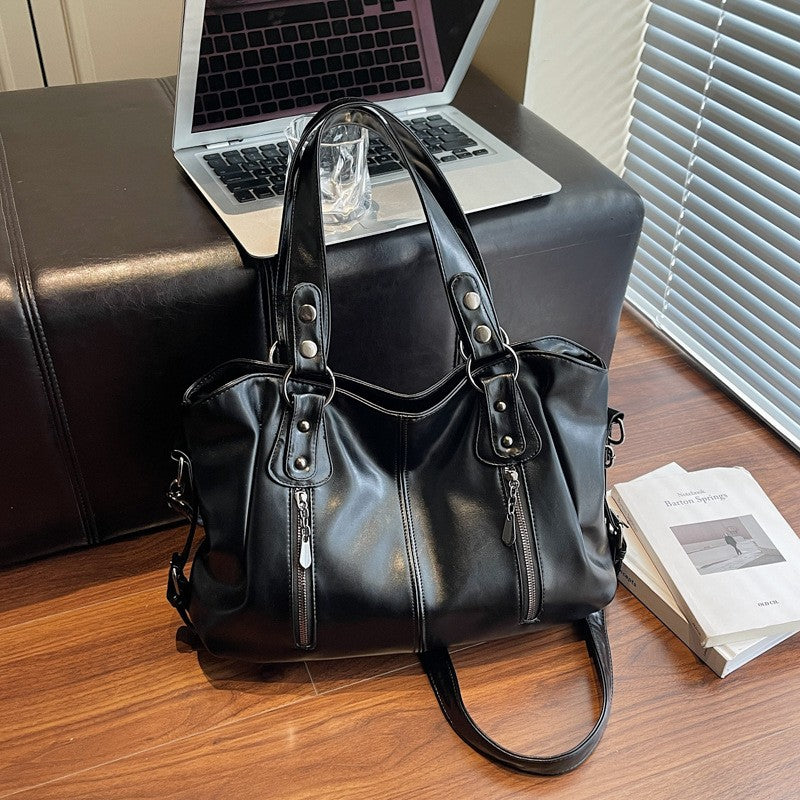 Slouchy Faux Leather Shoulder Tote Bag - Black