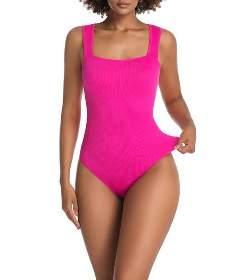Ribbed Square Neck Tummy Control Sculpting Bodysuit - Fuchsia