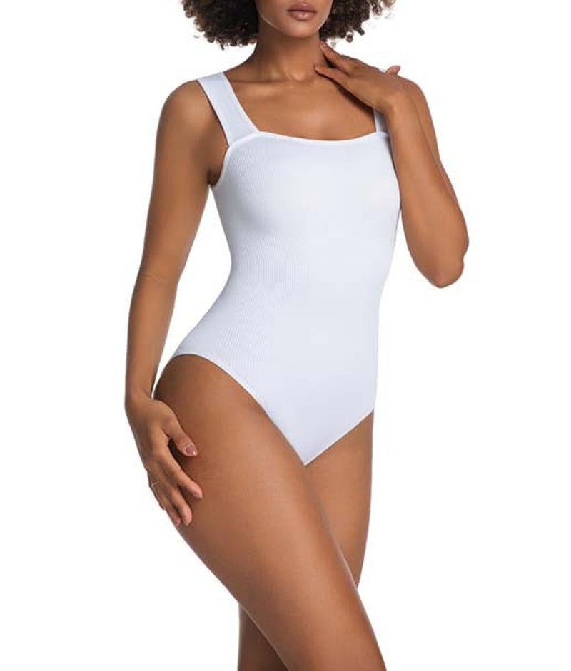 Ribbed Square Neck Tummy Control Sculpting Bodysuit - White