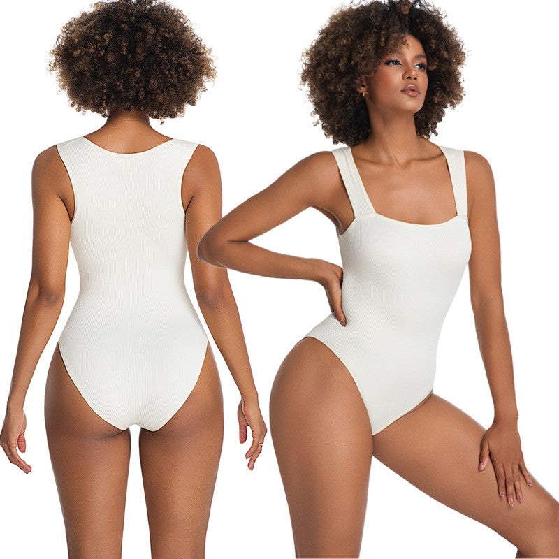 Ribbed Square Neck Tummy Control Sculpting Bodysuit
