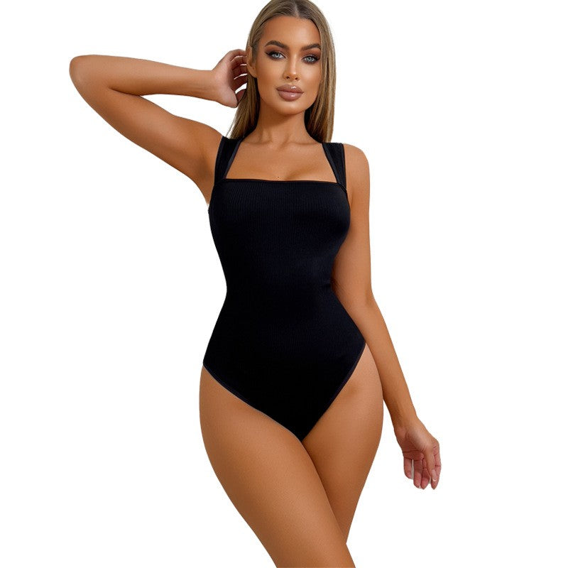 Ribbed Square Neck Tummy Control Sculpting Bodysuit