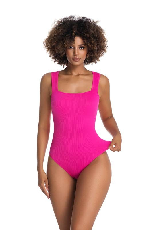 Ribbed Square Neck Tummy Control Sculpting Bodysuit