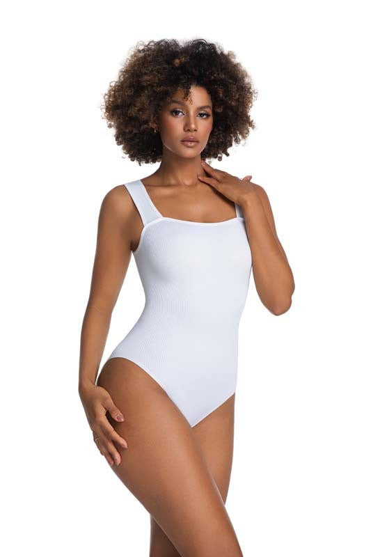 Ribbed Square Neck Tummy Control Sculpting Bodysuit