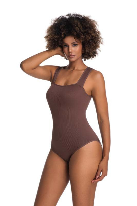 Ribbed Square Neck Tummy Control Sculpting Bodysuit