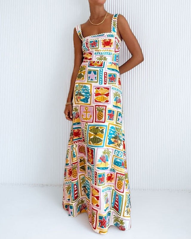 Postcard Print Square Neck Maxi Dress - Color